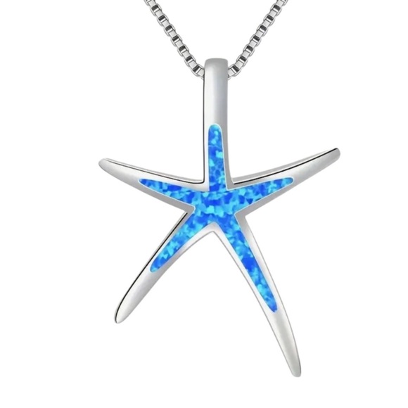 Blue Opal and Silver Starfish Pendant Necklace - Picture 3 of 3